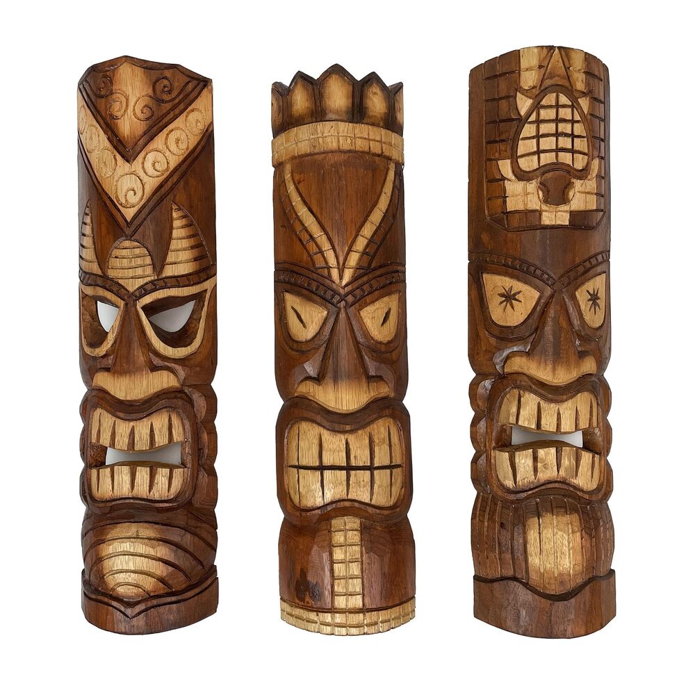 6846 Set of 3 Exquisite 24-Inch High Hand-Carved Tiki Mask Wall Hanging